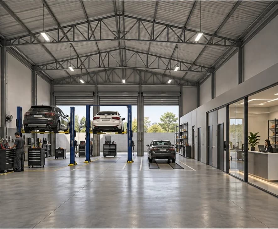 Render conceitual do interior do MEC 300: boxes com elevadores automotivos e veículos ilustrativos, tesouras metálicas aparentes e recepção visível através do vidro.