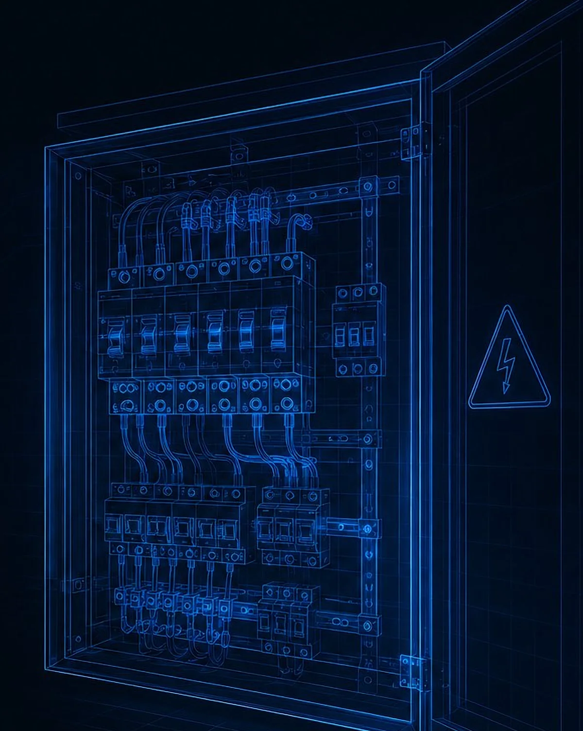 Quadro elétrico industrial em vista técnica